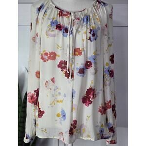 Lucky Brand Size Medium Cream Peasant Top Floral Henley Blouse Cottage Core